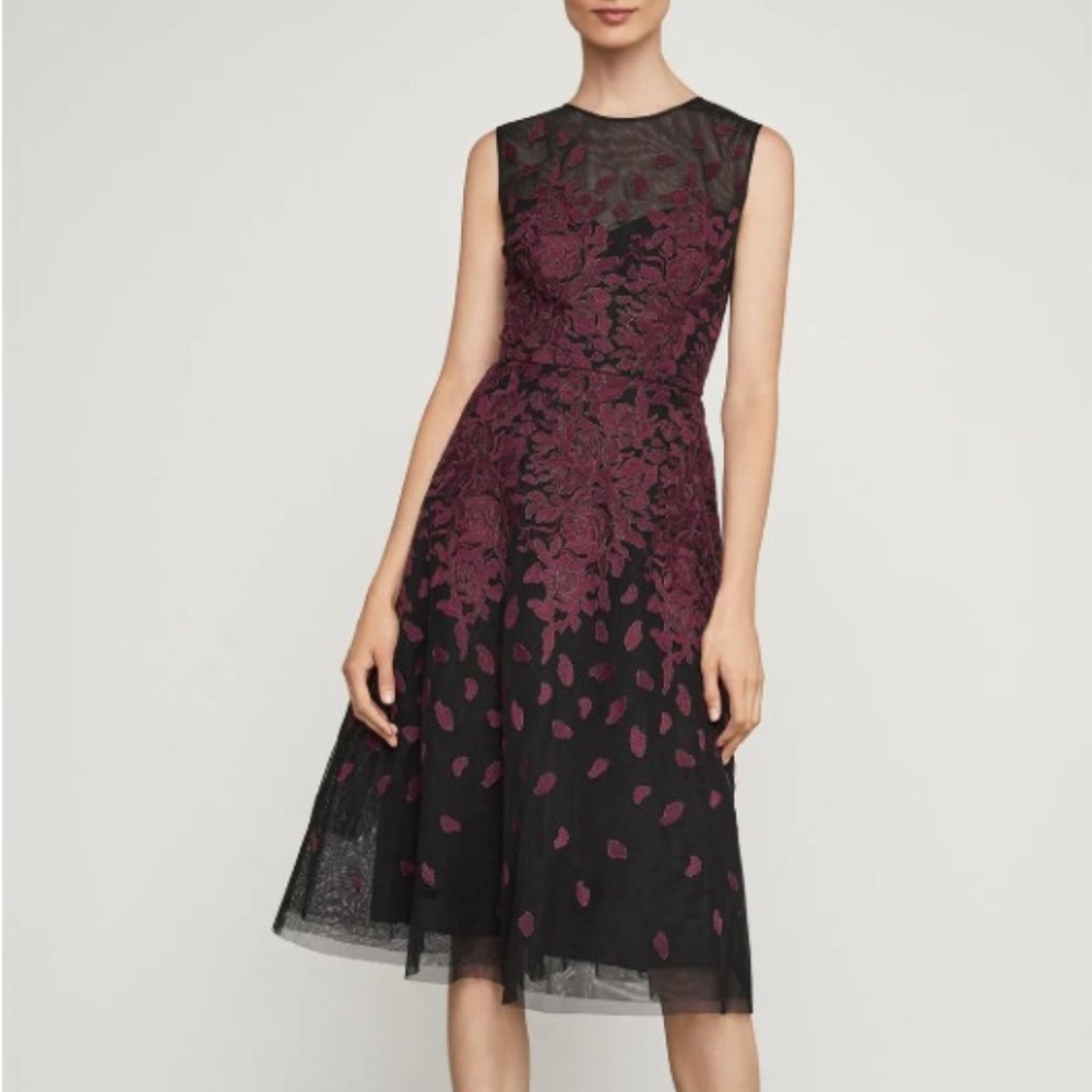 BCBG Black and wine red floral midi A line dress